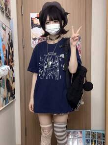 Y2K夏季新款圓領上衣 休閒寬鬆 動漫女孩印花圖案 甜美日系風格 Y2K學院風 百搭學生女款短袖T恤 - 藏藍 - 查看 6