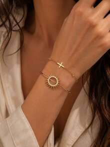 2 pièces/set Ensemble de bracelets empilables pour femmes, bracelet soleil et bracelet croix en strass, convient pour le port quotidien, le bureau, les vacances et les cadeaux - Strass - Voir 1