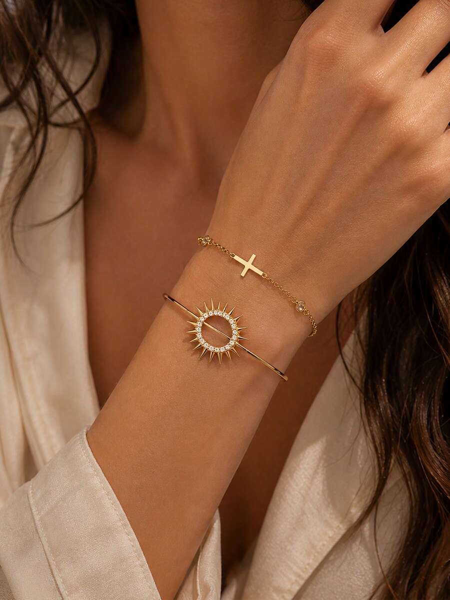 2 pièces/set Ensemble de bracelets empilables pour femmes, bracelet soleil et bracelet croix en strass, convient pour le port quotidien, le bureau, les vacances et les cadeaux - Strass - Voir 1