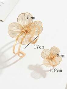2pcs/Set New Creative Elegant Summer Floral European & American Style Personalized Bracelet And Ring Set, Suitable For Party, Daily Wear And Date Outfits - Yellow Gold - View 3