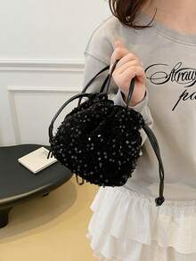 Women's Drawstring Mini Crossbody Bucket Bag, Diamond Quilted Pattern, Daily & Outdoor Use - Black - View 4