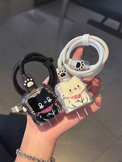 Cute Cat Charger Protector 5-Piece Set, Cartoon Charger Cover With Cable Protector, Anti-Break Charger Protector Kit For IPhone Charger, Fun Cat Design For Teens & Girls