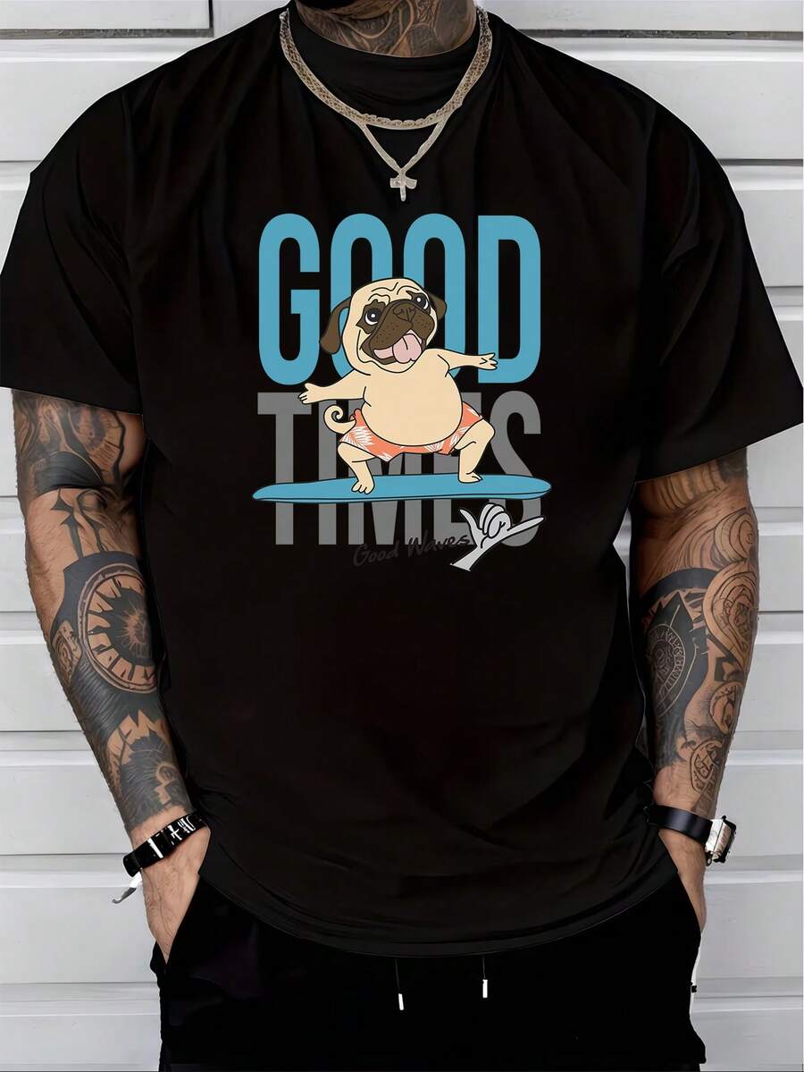 Tricou oversize casual de vară pentru bărbați, din bumbac pur, cu mânecă scurtă, imprimare grafică cu câine pug pe surf și mesaj "Good Times" - Negru - Vizualizare 1
