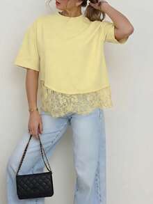 Spring New Solid Color Knit Fabric Lace Patchwork Short Sleeve T-Shirt, Casual, Sports, Office Wear For Spring/Summer - Yellow - View 4