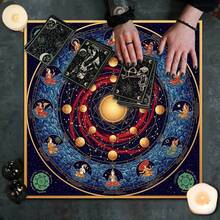 1 Stück mystische Astrologie Tischdecke in Dunkellila mit goldenen Sternzeichen-Konstellationen, Tarot, Ritual, Meditation, Kristallheilung, Partydekoration - Schwarz - Übersicht 6