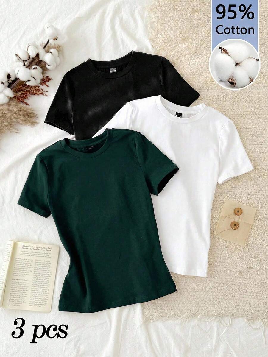 Set Of 3 Slim-Fit Long-Sleeved T-Shirts With Round Neck, 95% Cotton, Minimalist And Casual Style For Women - 多色 6 - 查看 1