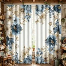 2pcs Elegant Floral Pattern White, Blue And Green 2D Flat Print Curtains. Rod Pocket Design, Semi-Transparent Polyester Curtains Suitable For Decorating Your Living Room, Bedroom, Office Or Kitchen - Multicolor - View 8