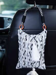 Car Seat Back Tissue Box Holder, Car Hanging Tissue Dispenser, Car Interior Hanging Storage Bag, Creative Cute Tassel Decorative Tissue Carrier, Elegant Fabric Car Tissue Organizer For Vehicle Organization - Grey Stripes - View 11