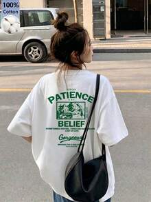 女款時尚休閒圓領寬鬆版型字母標語印花短袖T恤，春/夏白色 - 白色 - 查看 2