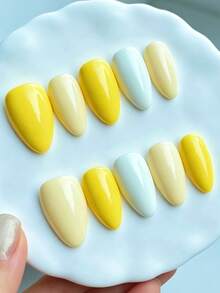 Shecass 10 peças de unhas postiças feitas à mão de alta qualidade em forma de amêndoa, unhas curtas amarelas estilo Y2K, unhas de verão para uso diário, formatura, viagens, férias, presentes, adequadas para festas, festivais de música e regresso às aulas - Multicolorido - Ver 3