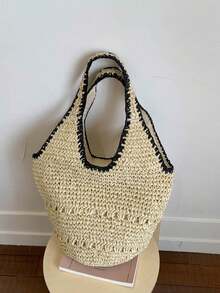 Tas Anyaman Jerami Ringan Bergaya, Desain Minimalis, Tas Pantai Multifungsi untuk Liburan, Kapasitas Besar Cocok untuk Perjalanan dan Liburan - Krem - View 3
