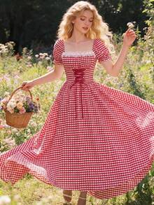 Women Midi Dresses - Red and White - View 1