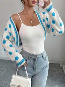 Women's Short Knit Cardigan, Blue Polka Dot Pattern, Long Sleeve, Open Collar, Contrast Trim, Perfect For Autumn/Winter Clothing And Casual Autumn/Winter Style. - Off-white and Blue - View 1