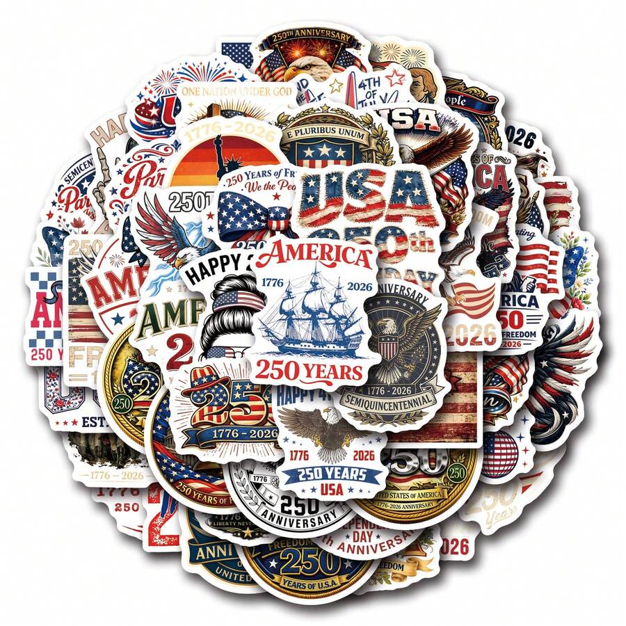 60 piezas Pegatinas del 250 aniversario de América, pegatinas de grafiti de papelería, calcomanías para fiesta, botella de agua, álbum de recortes, portátil, monopatín, computadora, bolsas de regalo, sellos de sobres, suministros de oficina, para adolescentes fans y útiles escolares - Pegatinas de aniversario - Ver 1