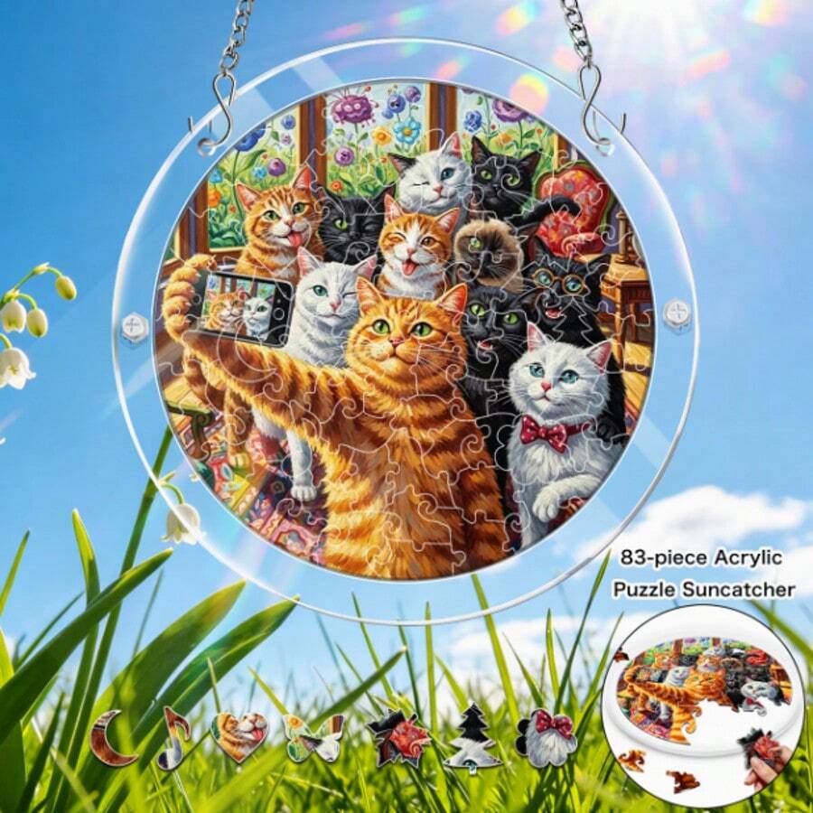 Flat 2D Style, 1 Set 83pcs Acrylic Puzzle Sun Catcher Window Hanging Board, 18.8cm Adult Summer Garden Sun Catcher, Suitable For Yard, Garden And Bar Decoration, Birthday Gift For Women, Men, Moms, Cute Cat Stained Glass Window And Home Hanging Decoration - C - View 1