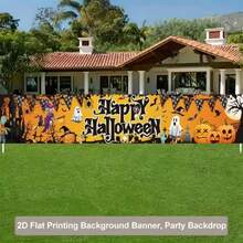 2D Planar Halloween-Themed Banner Background, Featuring Classic Elements Such As Pumpkin Lanterns, Ghosts, Witches And Bats. With Orange Beveled Edges. Made Of Polyester Material, It Is Durable And Does Not Require Power. - A - View 4