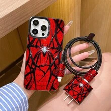 6件組彩色銀黑蜘蛛手機殼圖案 + 充電頭保護套 + 數據線保護套 + 收納繩 + 數據線保護繩 TPU 防摔保護殼，適用於 Apple 17 16e 16 15 14 13 12 11 Mini Pro Max Air X XR XSMAX 8 7 Plus，防摔磨砂背殼，智慧型手機保護殼，日常使用殼，時尚手機配件，創意設計，UV 印刷設計，時尚保護殼，時尚愛好者，音樂愛好者，生日禮物完美選擇 - 彩色 - 查看 4
