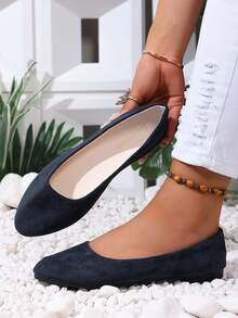Suede Pointed Toe Low Vamp Flat Shoes Korean Style Minimalist Commuter Soft Sole Comfortable Anti-Slip Daily Casual Versatile Office Elegant Lady Style Boat Shoes Driving Loafers - Navy Blue - View 4