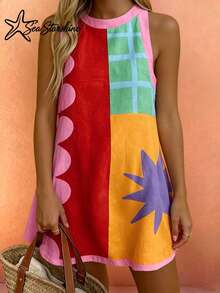 Sea Starshine Spring/Summer New Arrival: Bohemian Style "Dopamine" Color Block A-Line Dress - Features Star And Geometric Prints Elegant - Multicolor - View 6