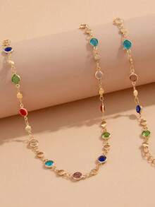 1 Set 2pcs Fashionable Sexy Beach Tassel Faux Rhinestone Waist Chain Body Chain Waist Chain Versatile Minimalist Rhinestone Tassel Waist Chain Colorful Rhinestone Body Decoration Suitable For Women Daily Wear Exclusive Party Wear (Handmade Rhinestone Position And Quantity Random) - Gold - View 2