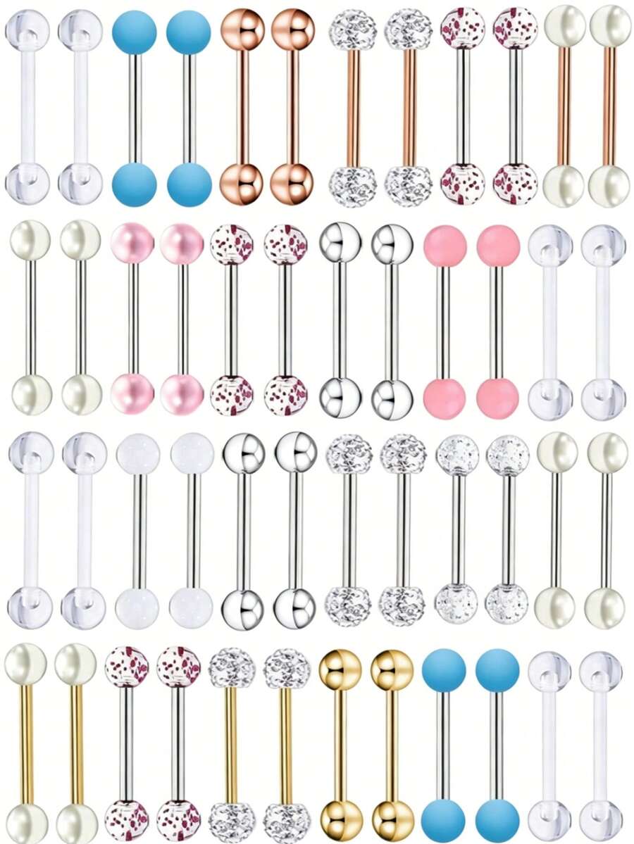 12pcs Set Minimalist Classic Stainless Steel Tongue Rings, Nipple Rings, Ball Studs, Body Jewelry Suitable For Women's Daily Wear - 12-piece Set - View 1