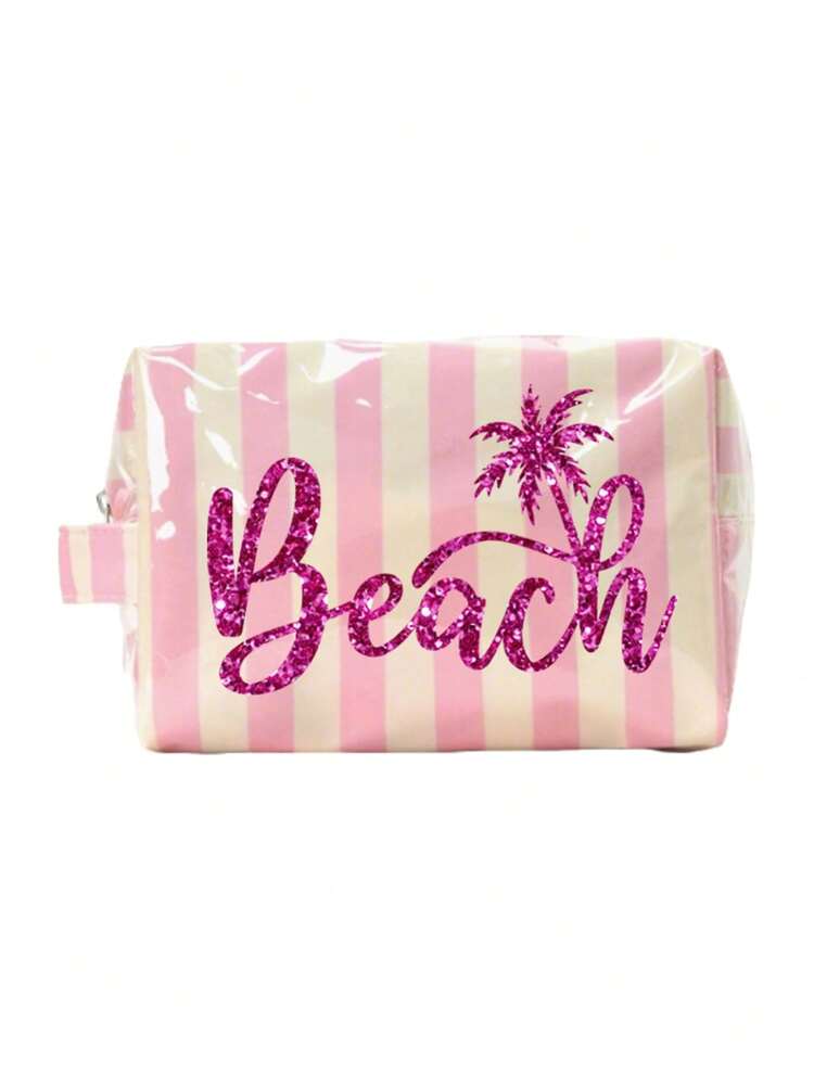 大容量化妝包盥洗用品收納袋，便攜式拉鍊旅行收納包，「Beach」字母椰子樹印花條紋盥洗包，拉鍊設計順滑，適合化妝品與旅行必需品 - 彩色 - 查看 13