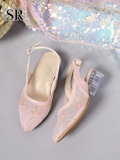 1 Pair European & American Children's Mesh Embroidery High Heel Sandals, Elegant Princess Shoes, Versatile Style, Suitable For Daily Wear