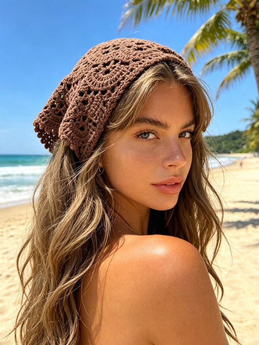 1pc Handmade Crochet Triangle Hollow Scarf, Vintage Style, Can Be Used As Casual/Beach Vacation Headband Or Bohemian Handkerchief - Multicolor - View 1