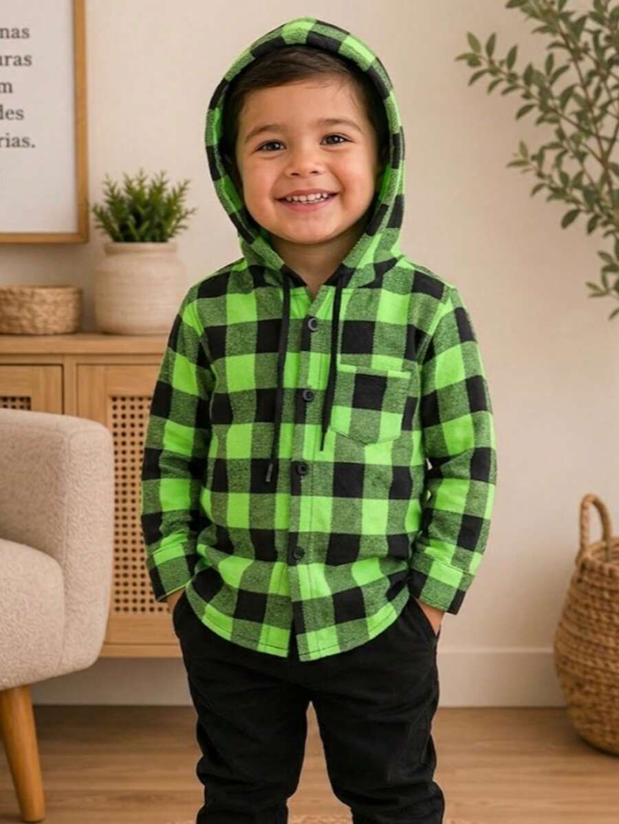 Long-Sleeved Flannel Plaid Shirt - Green Checkered Hooded Shirt - View 1