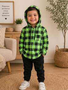 Long-Sleeved Flannel Plaid Shirt - Green Checkered Hooded Shirt - View 2