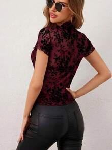 2026 Spring/Summer New Women's Stand Collar Mesh Flocked Short Sleeve T-Shirt Top Vacation Casual Red - Red - View 5