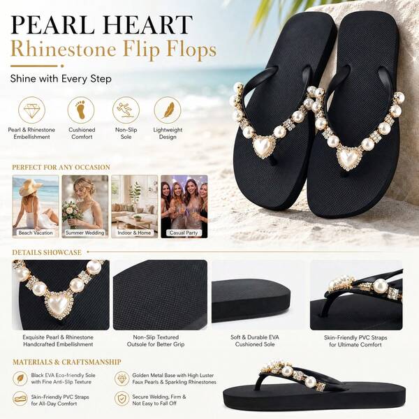 Luxury Pearl Heart Flip Flops, Women's Rhinestone Embellished Black Sandals For Beach, Party & Casual Wear