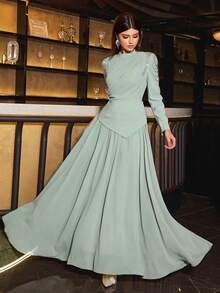 Elegant And Charming Women's Long Sleeve Formal Dress, Featuring Pleated Bust Detail, Shoulder Applique, Asymmetric 2 In 1 Design, And Flared Extra-Wide Skirt, Soft Fabric Suitable For Parties, Banquets, And Galas - Mint Green - View 6