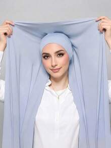 1pc 3 In 1 Instant Chiffon Hijab With Built-In Magnets And Undercap/All-In-One Instant Hijab--No Pins, Slip-Free Fit, Easy Wear In Seconds. - Light Blue - View 3