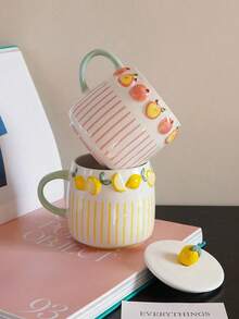 1pc Embossed Fruit Striped Ceramic Mug, Exquisite Coffee Cup With Lid, Lemon, Peach, Strawberry And Blueberry Pattern, Elegant And Practical, Suitable For Home Decor, Father's Day Gift, Father's Day Decoration, Independence Day Gift Decoration, Back To School Gift, Halloween Decoration And Christmas Decoration, Suitable For Coffee Cup, Living Room, Bedroom, Coffee Art, Gift. - Multicolor - View 2
