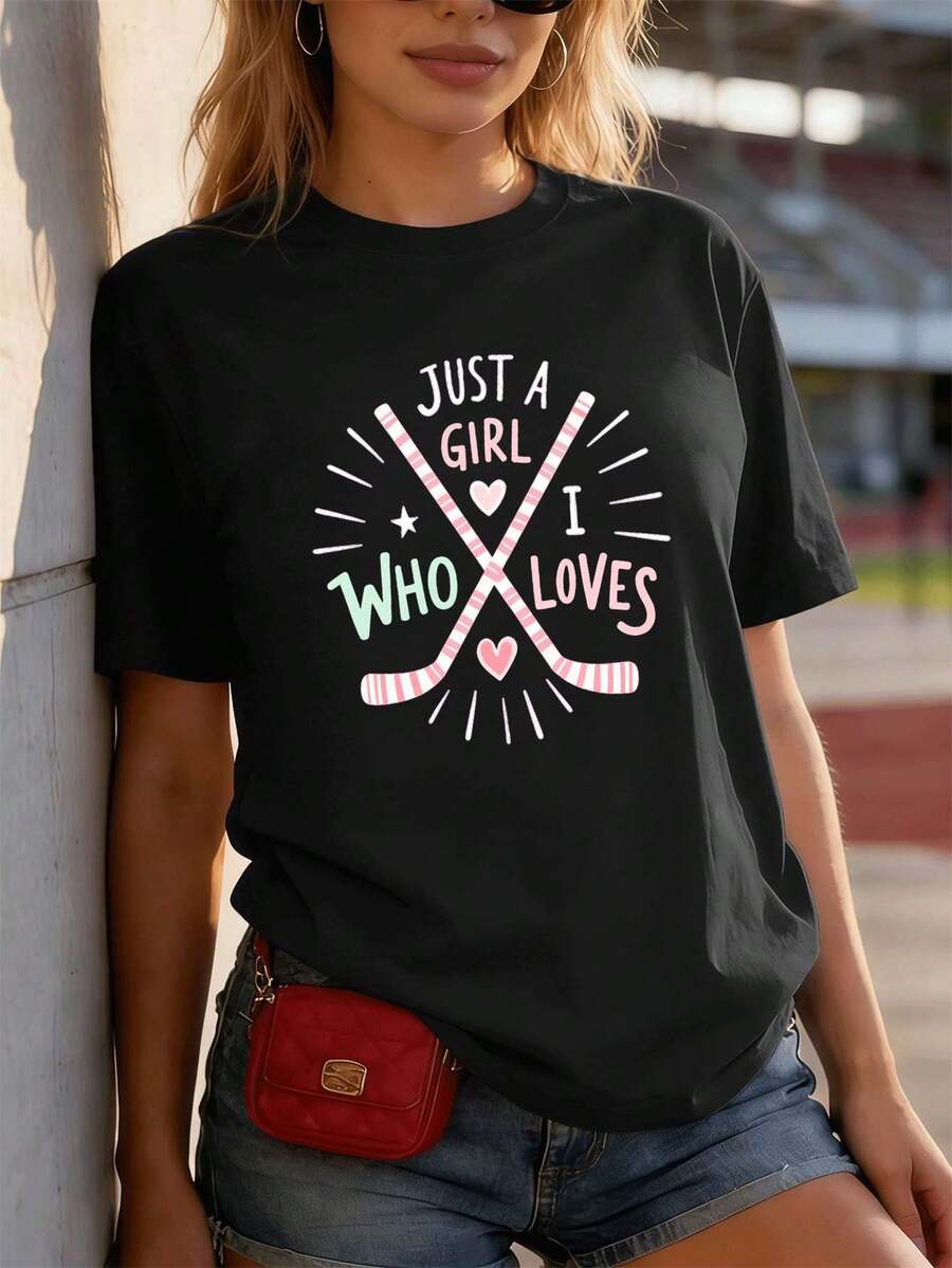 Damen-T-Shirt mit Grafikprint für Hockeyfans, Rundhalsausschnitt, bequeme Passform, Street-Hip-Hop-Stil, Grafikdesign - Schwarz - Übersicht 1
