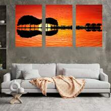 3 Panel Guitar Tree Lake Sunset Posters Wall Arts Posters Home Decor Posters Paintings Modern Living Room Bedroom Decoration Optional Framework - Multicolor - View 5