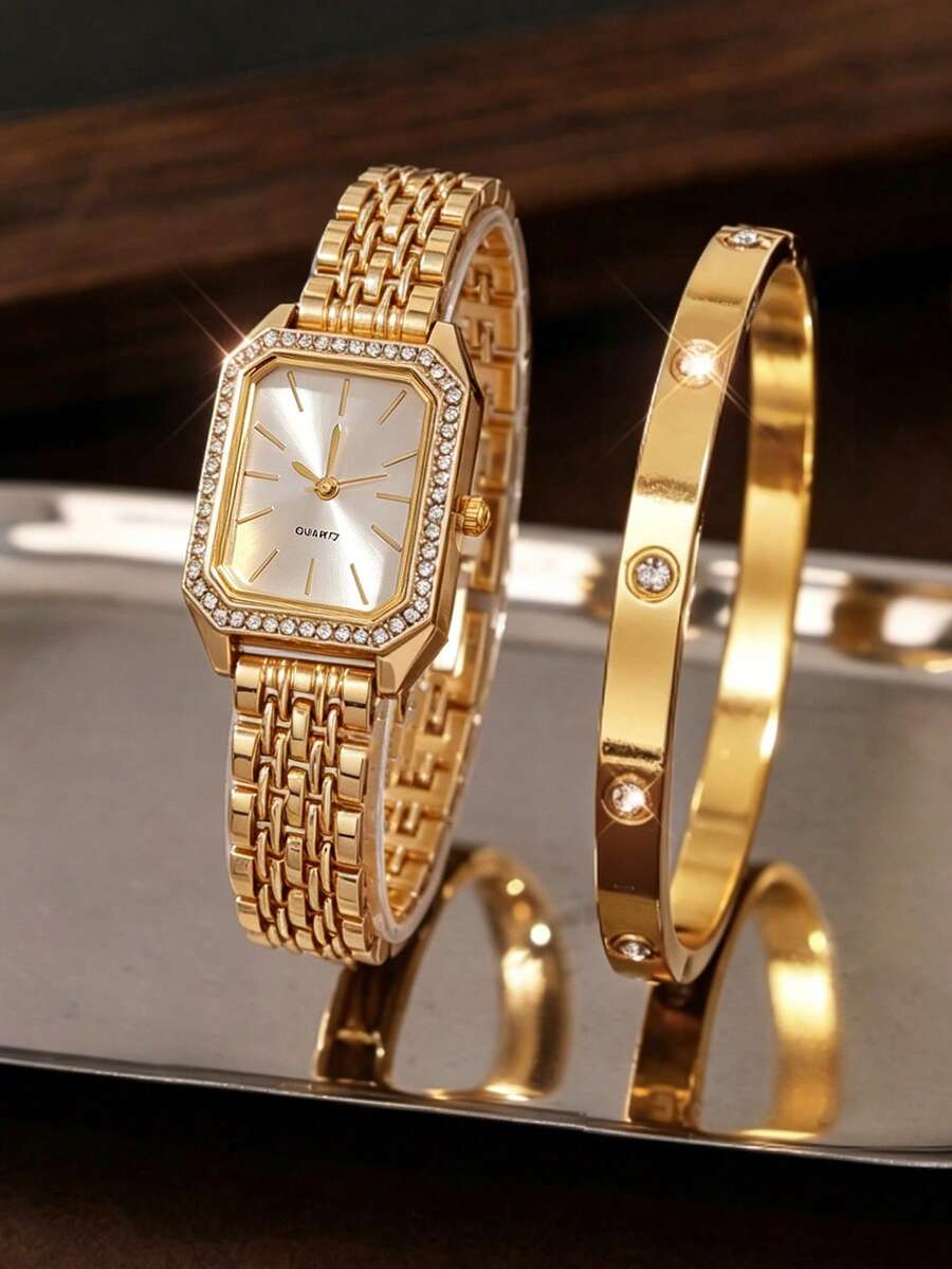 時尚簡約方臉女款石英手錶,搭配鑽石珠寶手鍊套組,適合度假、派對、婚禮、日常配戴,送給女性的最佳禮物 - 金色 - 查看 1