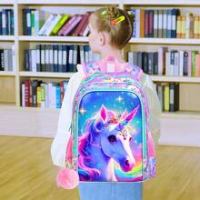 3pcs Girls Fairy Moon Castle Butterfly Glitter Pom-Pom Keychain Adjustable Straps Zipper Closure Cute Backpack Set For School & Daily Travel - Purple - View 8
