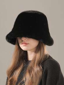 1件女款秋冬加厚保暖仿貂毛毛絨水桶帽，休閒百搭針織帽，適合日常使用，冬季保暖 - 米色 - 查看 10