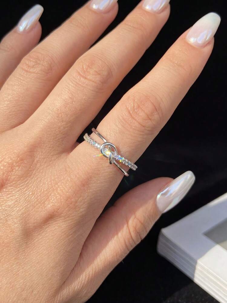 1PC Total Carat Weight 0.13 CT, Elegant Minimalist Double-Layer Knotted Moissanite Ring, 925 Sterling Silver, Suitable For Weddings And Everyday Wear - Rope Moissanite Ring - View 3