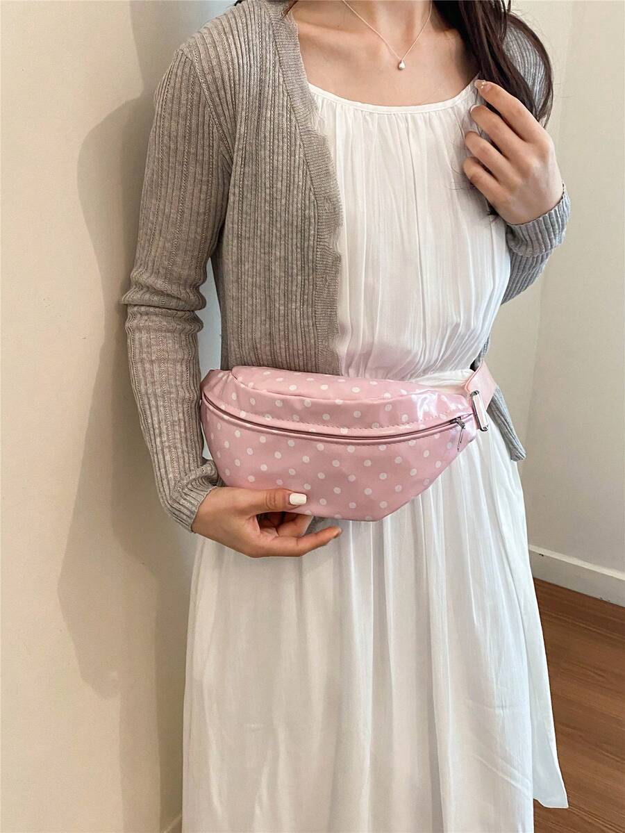 1件波點拉鍊女款腰包 斜跨胸包 時尚PU餃子包 - 粉色 - 查看 1