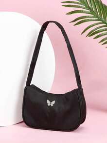1pc Solid Color Nylon Zipper Butterfly Print Shoulder Underarm Bag. Minimalist And Fashionable, Suitable For Daily Use. Smooth Zipper, High-End Solid Color Matching, Also A Great Gift. - Multicolor - View 2