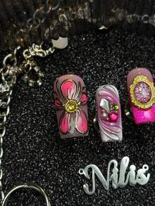 10pcs Handmade Fully Covered Square Nails Press On Nails, Hot Pink Nails,Soft Shimmer Romantic Spicy Style,Reusable False Nails With Jelly Glue And Nail File,Suitable For Summer Dating, Party,Wedding Banquet,Gentle Office Daily Styling - Hot Pink - View 5