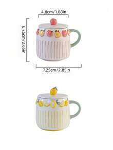 1pc Embossed Fruit Striped Ceramic Mug, Exquisite Coffee Cup With Lid, Lemon, Peach, Strawberry And Blueberry Pattern, Elegant And Practical, Suitable For Home Decor, Father's Day Gift, Father's Day Decoration, Independence Day Gift Decoration, Back To School Gift, Halloween Decoration And Christmas Decoration, Suitable For Coffee Cup, Living Room, Bedroom, Coffee Art, Gift. - Multicolor - View 10