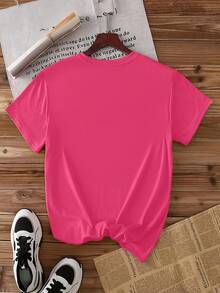 Women's Short-Sleeved T-Shirt With A Fun "Bubblegum" Poodle Print, Round Neck, Machine Washable, Skin-Friendly, Soft, Breathable, Suitable For Spring. - Hot Pink - View 2
