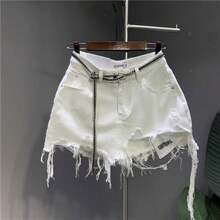 White Fringed Irregular Denim Shorts, Which Can Expose The Waist And Pockets When Worn By Women. - 白色 - 查看 9