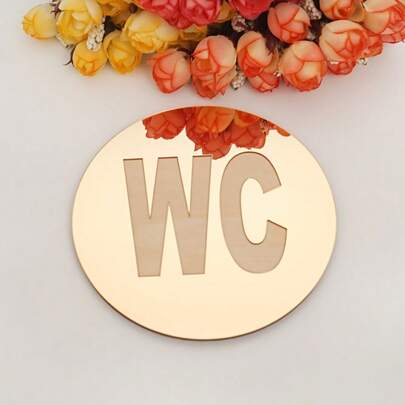 經典「WC」廁所門貼紙，浴室門標誌鏡面牆貼，自黏式壓克力鏡面貼紙附木板裝飾，家居裝飾，20cm