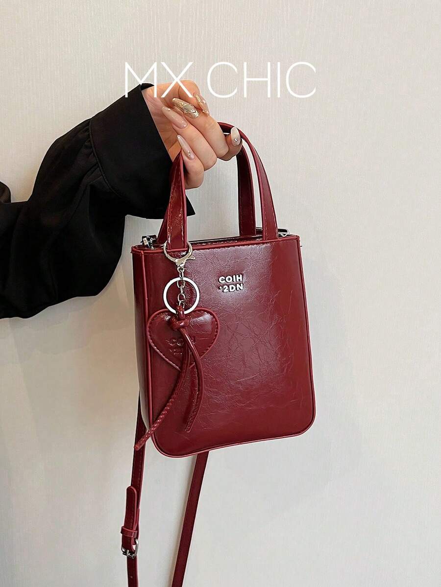 1pc Women Plain Color PU Leather Zipper Closure Handbag, Fashion Gift For Date Occasion - Burgundy - View 1