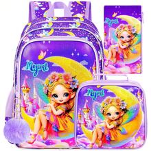 3pcs Girls Fairy Moon Castle Butterfly Glitter Pom-Pom Keychain Adjustable Straps Zipper Closure Cute Backpack Set For School & Daily Travel - Purple - View 11